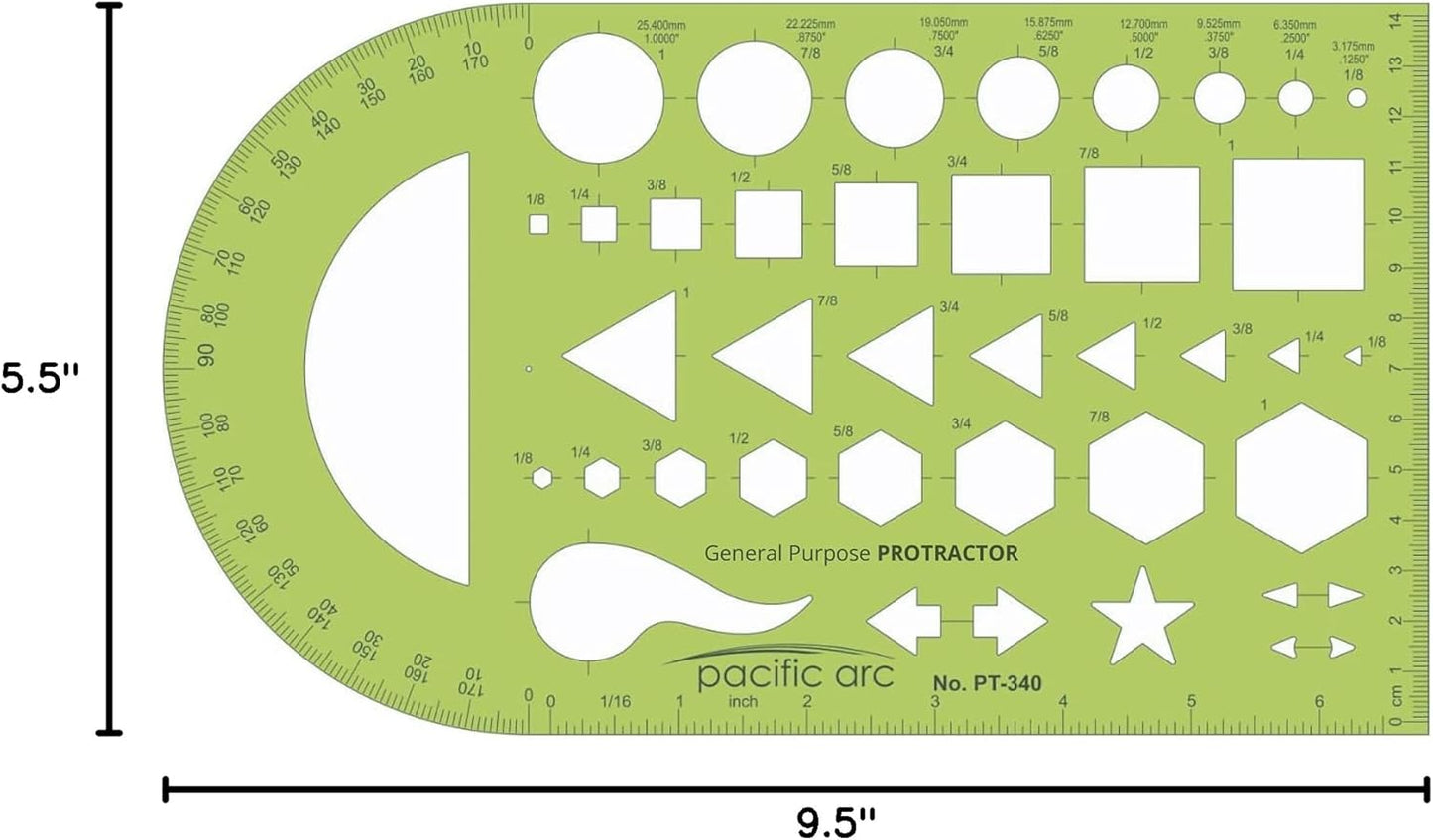 Pacific Arc - General Purpose Template with Protractor - Drawing Aid Stencil for Professional or School Work - Size 5.5" x 9.5"