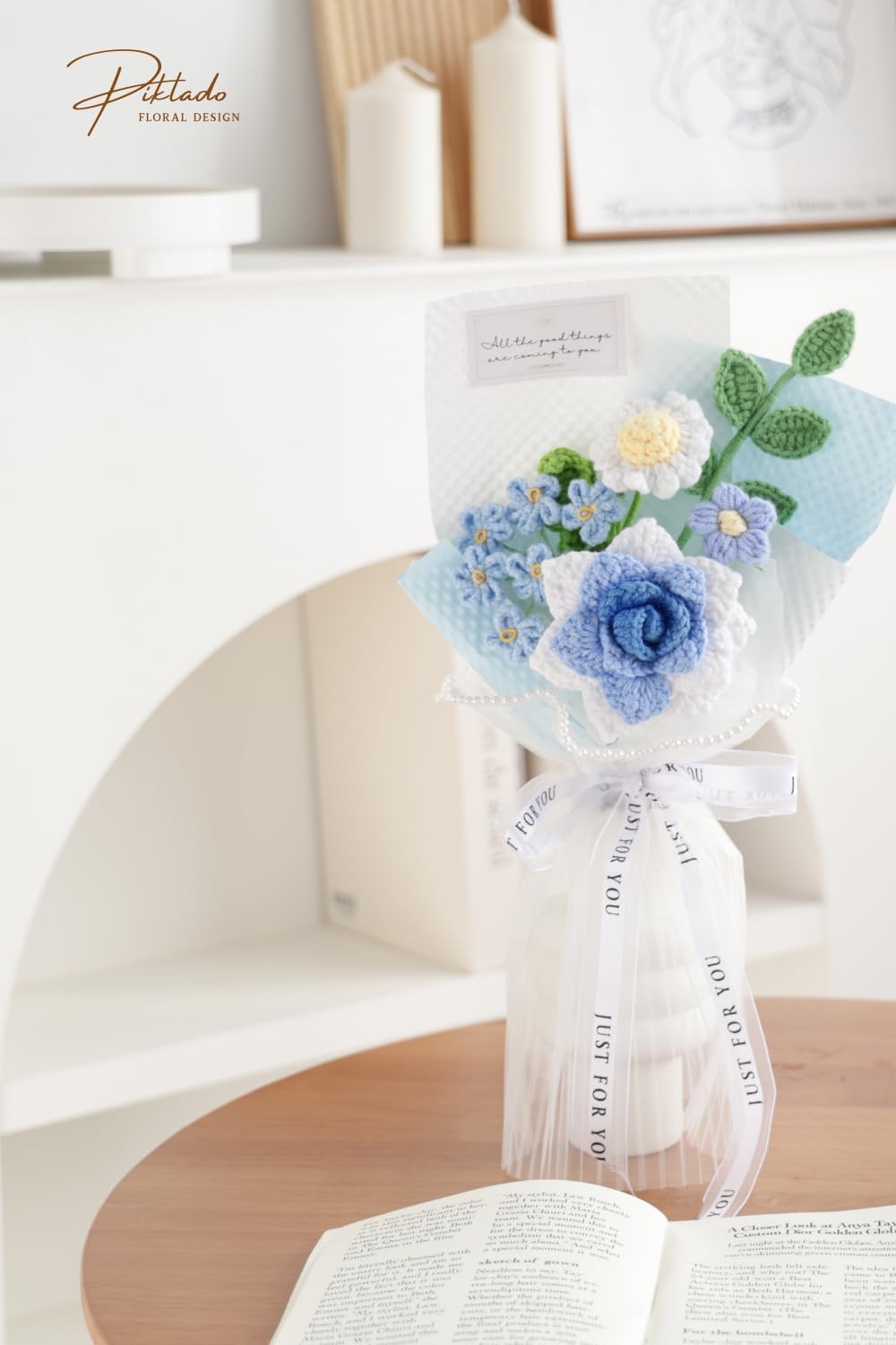 Hand-Woven Flower Bouquet Finished(1pcs) for Valentine's Day Girlfriend Birthday Gift Wedding Decoration Crochet Artificial Flower, Bouquet Gift (Blue)