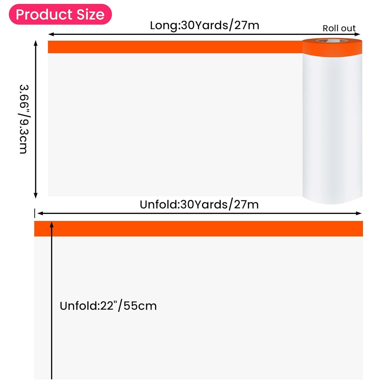 TAPEBEAR Pre-Taped Masking Film, 22" x 30Yards x 3Roll Plastic Sheeting Cover for Painting, Tape and Drape, Painters Masking Tape Film Plastic Drop Cloths for Auto, Appliance and Furniture