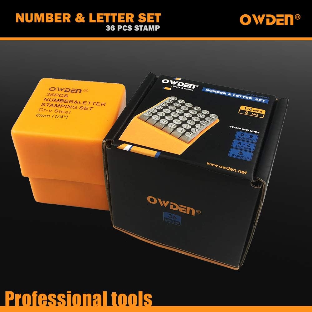 OWDEN Professional 36Pcs. Steel Metal Stamp Set,(1/4”) 6mm,Steel Number and Letter Punch Set,Alloy Steel Made HRC 58-62 for Jewelry Craft Stamping.