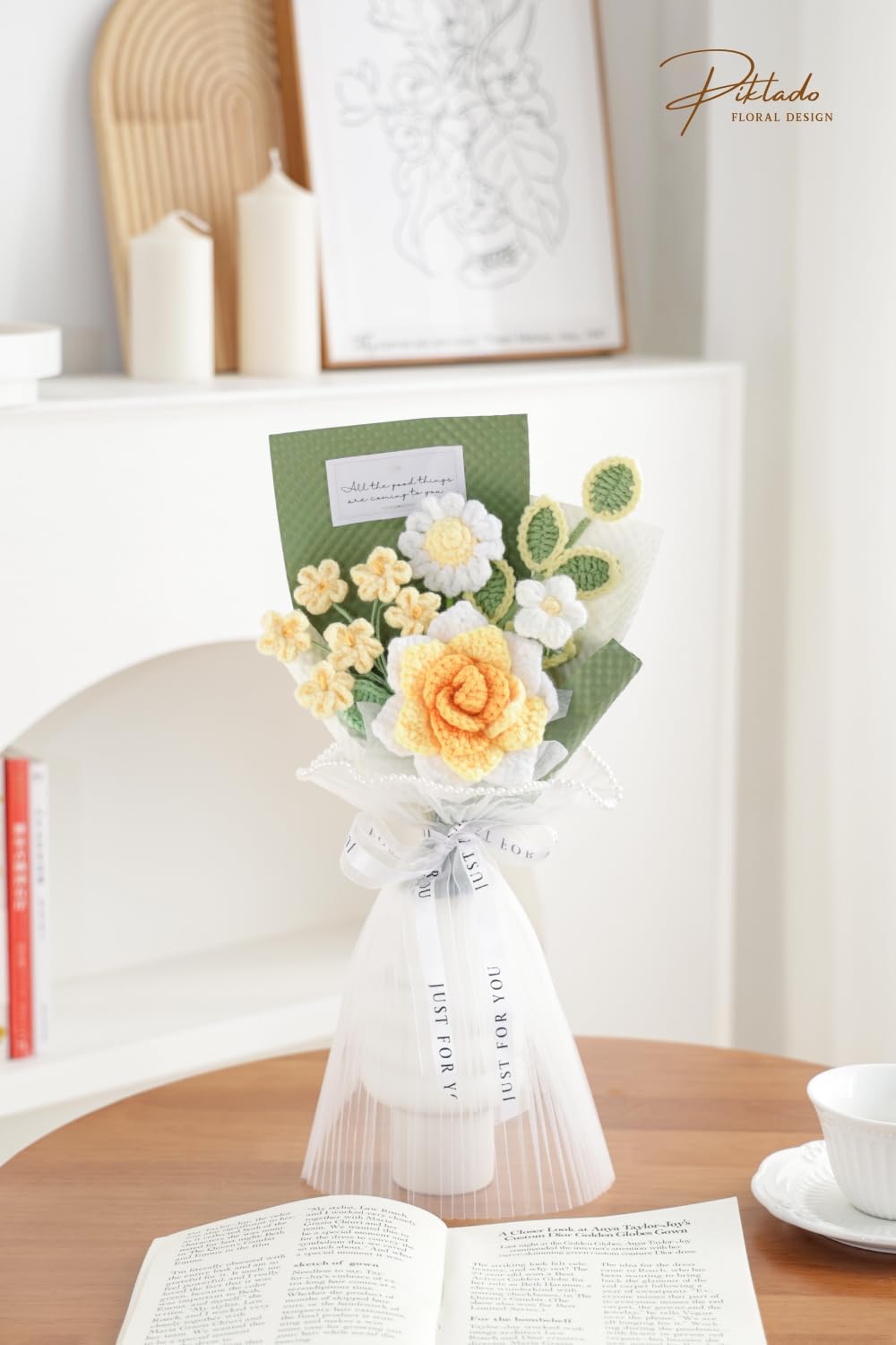 Hand-Woven Flower Bouquet Finished(1pcs) for Valentine's Day Girlfriend Birthday Gift Wedding Decoration Crochet Artificial Flower, Bouquet Gift (Yellow)