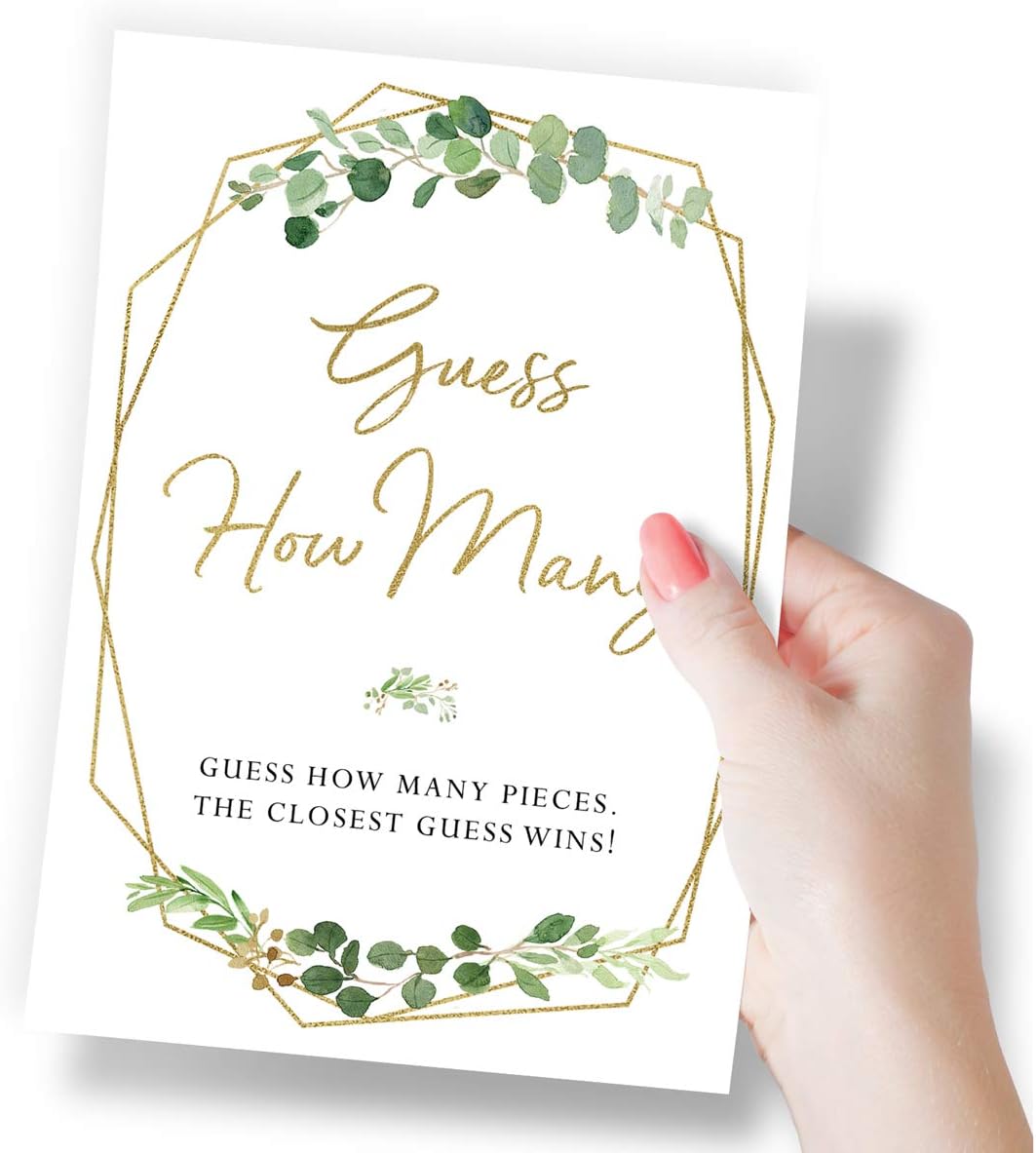 Printed Party Candy Guessing Game, Guess How Many, Greenery, 50 Cards and Sign