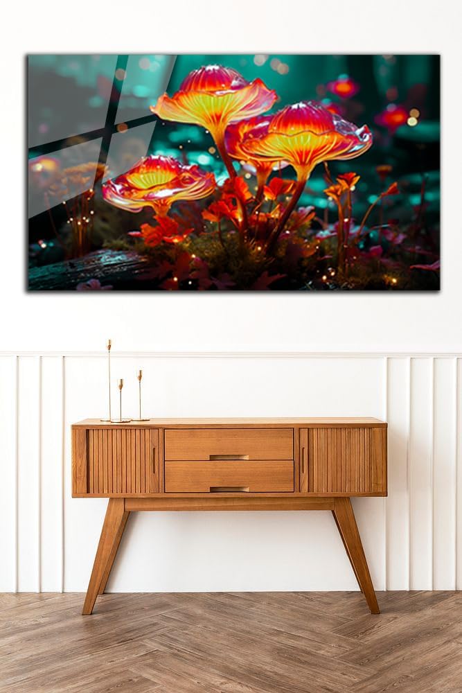 SpiritualHands Fantastic Mushrooms Glass Wall Art Oil Painting for Living Room, Tempered Glass Modern Prints Decor, Large Vivid Color Panel for Bedroom, Kitchen, or Office