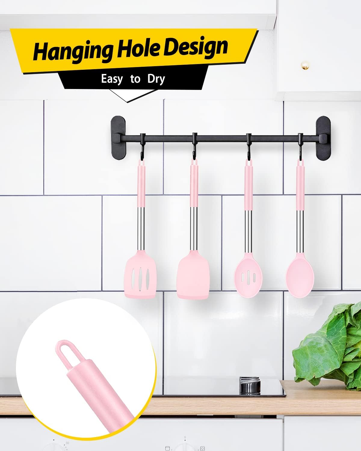 Pack of 4 Silicone Cooking Utensils Set, Non Stick Large Solid Spatulas, Heat Resistant Pink Slotted Spoons, Ideal BPA Free Kitchen Turners for Frying, Mixing,Serving,Draining,Turning,Stirring
