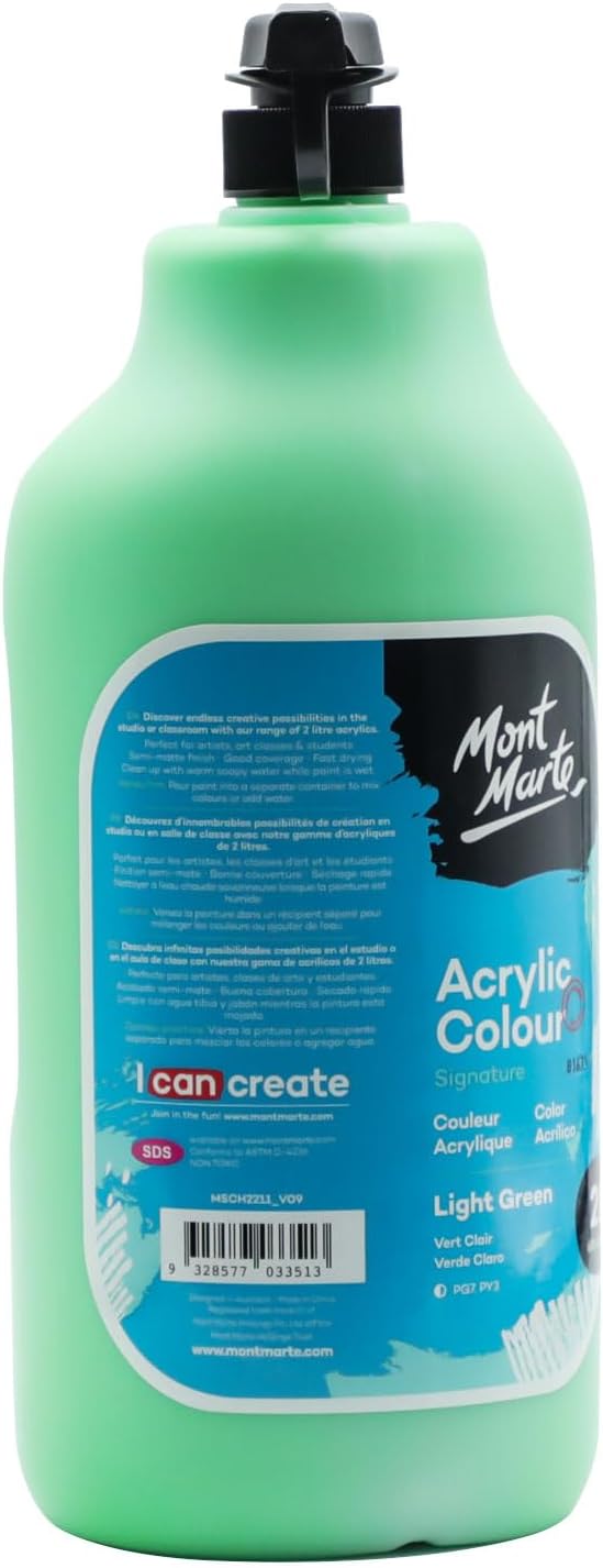 Mont Marte Discovery School Acrylic, Light Green, 1/2 Gallon (2 Liter). Ideal for Students and Artists. Excellent Coverage and Fast Drying. Pump Lid Included.