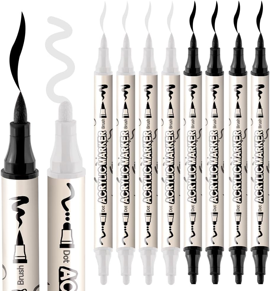 TRANSON 4 Black and 4 White Paint Markers Brush and Bold Dual-tip Acrylic Paint Marker Set for Rock Painting Glass Canvas Wood Leather Ceramic Painting
