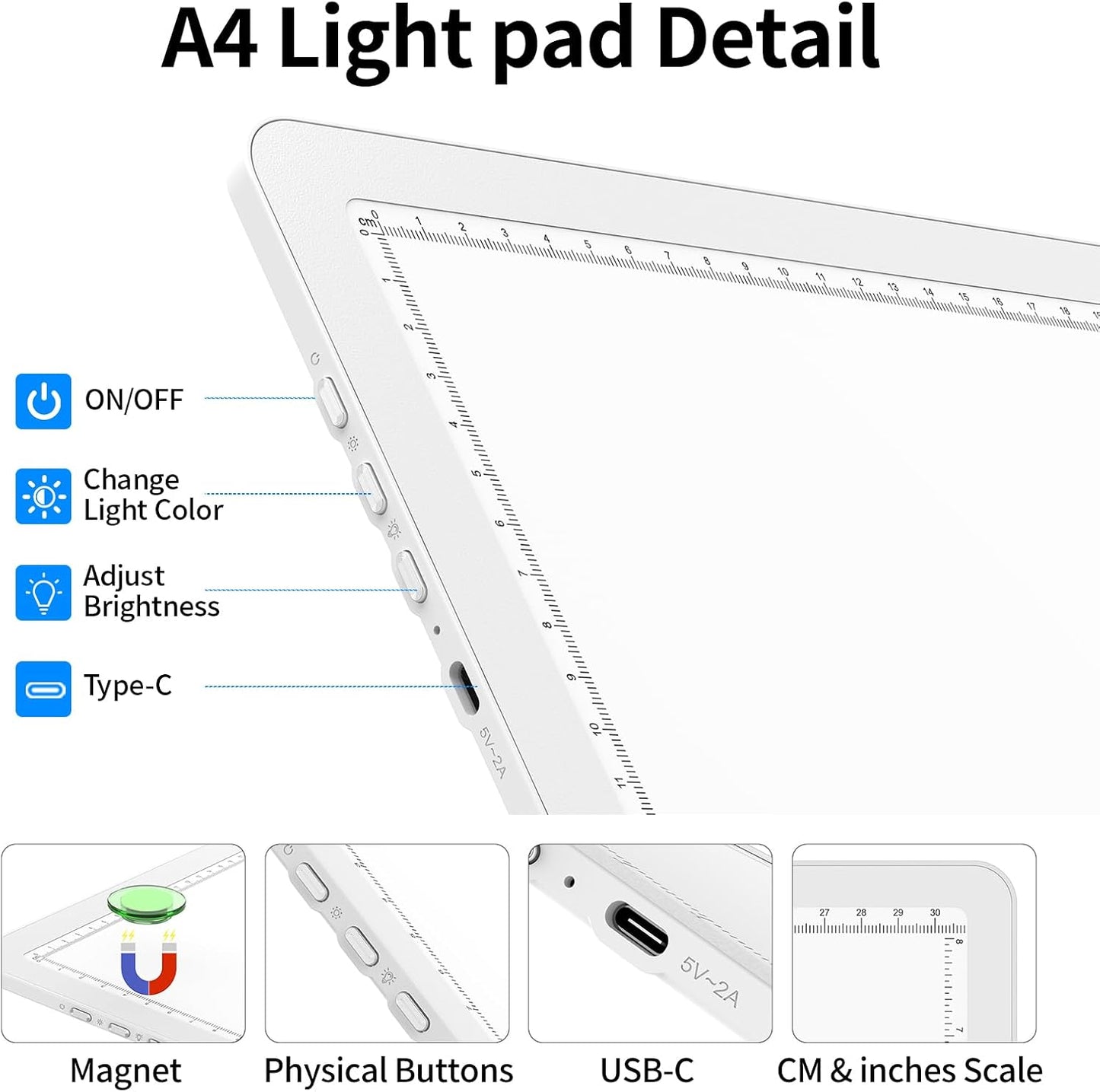 TOHETO A4 Light Board with Bag for Diamond Painting, Super Bright Magnetic Light Pad with Side Buttons, Lightbox for Tracing and Drawing, Corded Light Table for Sketching, Weeding Vinyl (White)