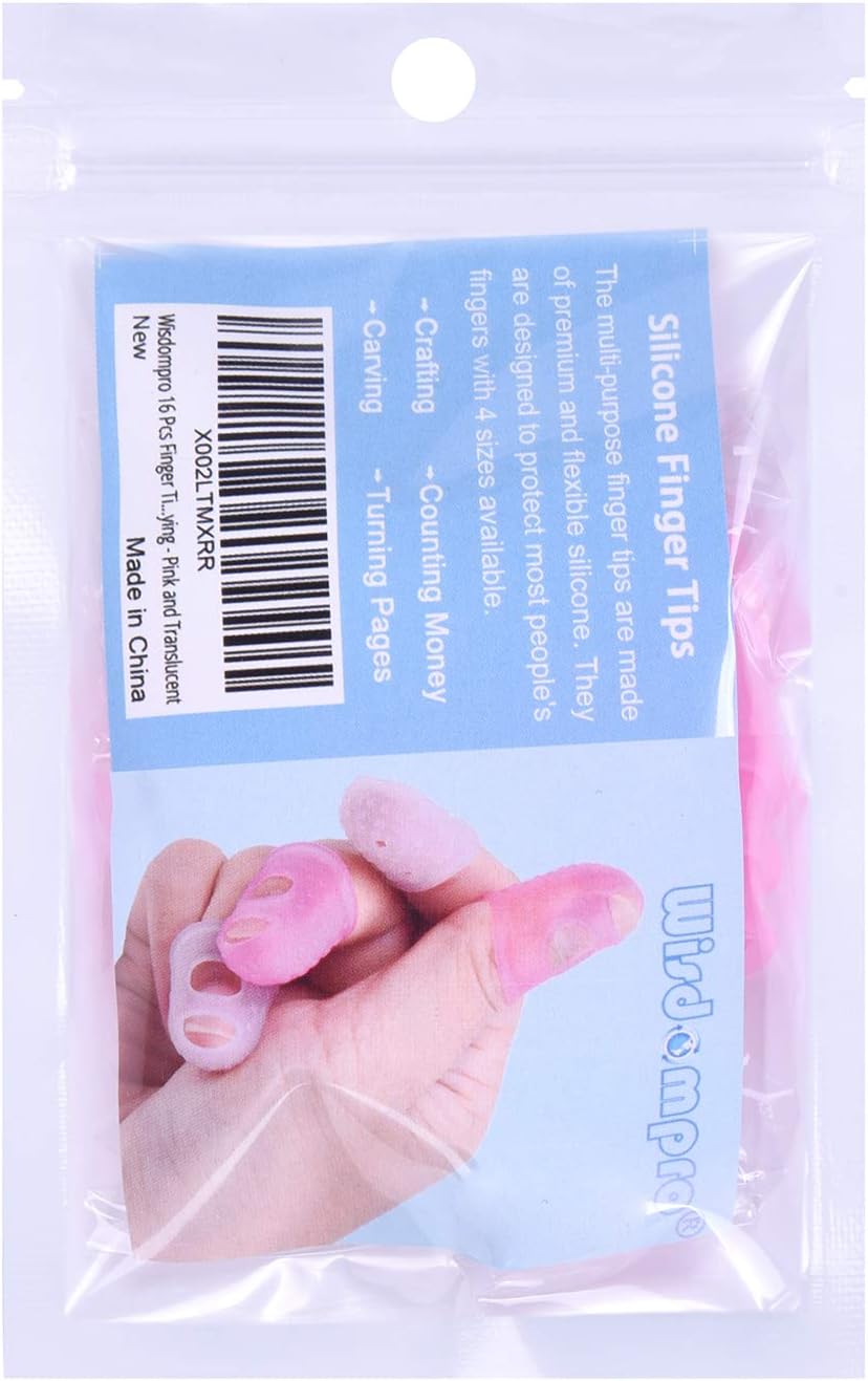 Wisdompro 16 Pcs Finger Tips, 4 Sizes Silicone Thimble Fingertip Grips Thumb Protectors Pads Cover for Hand Sewing, Paper Sorting, Page Turning, Money Counting, Guitar Playing - Pink, Translucent