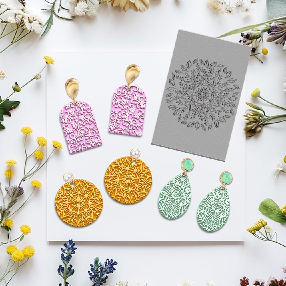 4PCS Polymer Clay Texture Sheets Set for Using with Clay Cutters Boho Clay Mat Effect as Texture Roller DIY Craft Tools Earing Jewelry Making