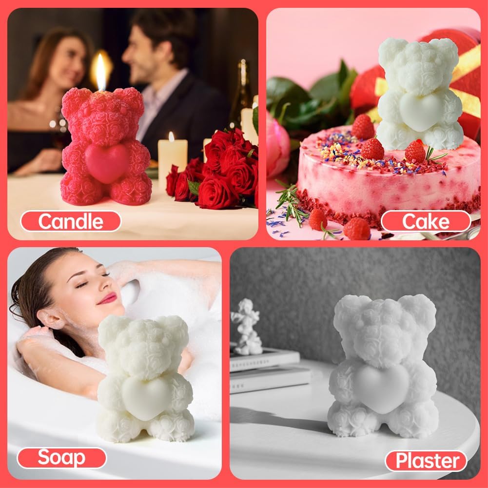 Rose Bear Silicone Mold - 3D Teddy Bear Candle Making Molds, Cute Epoxy Resin Molds for DIY Handmade Soaps, Mother's Day Gifts, Father's Day Gifts, Birthday Gifts (Extra Large)