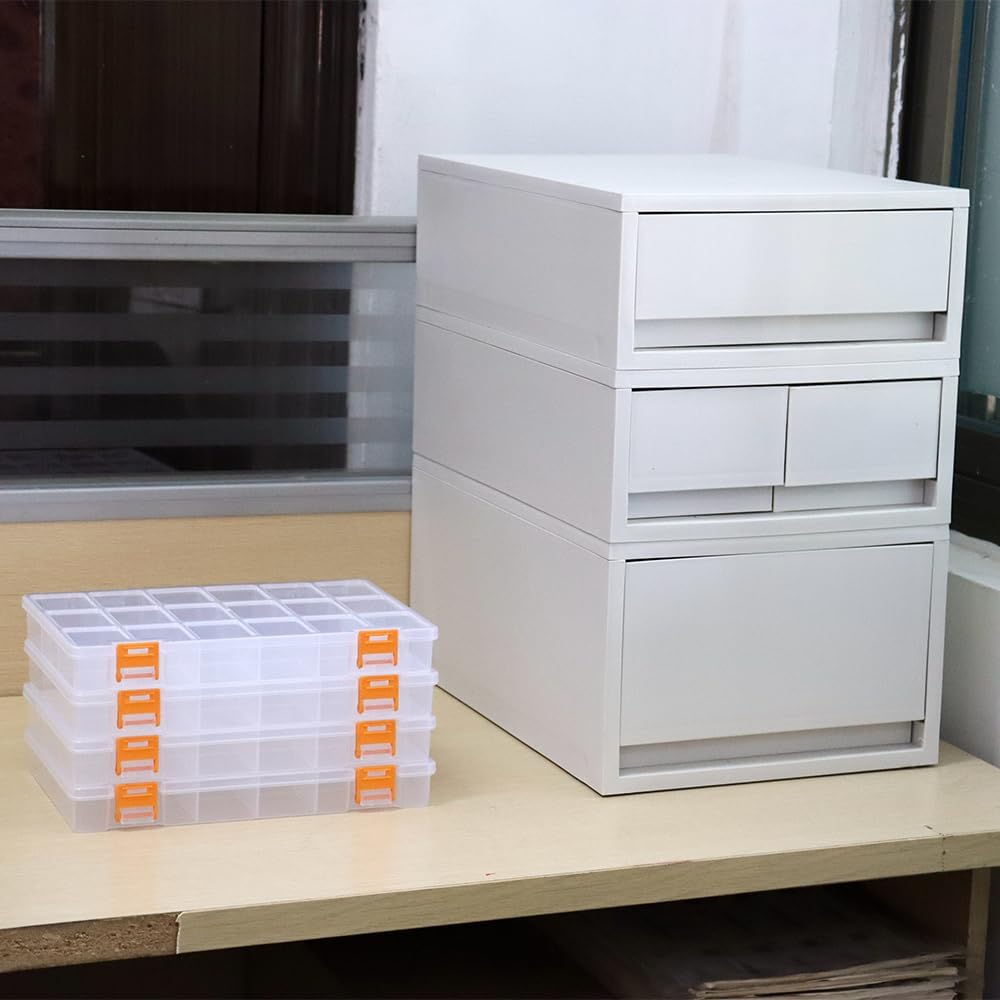 BangQiao 4 Pack 18 Grids Clear Plastic Storage Box with Dividers, Transparent Organizer Container Case for Small Parts, Bead, Button, Jewelry, Diamond, Craft Supplies,Sewing Kit, DIY Accessories