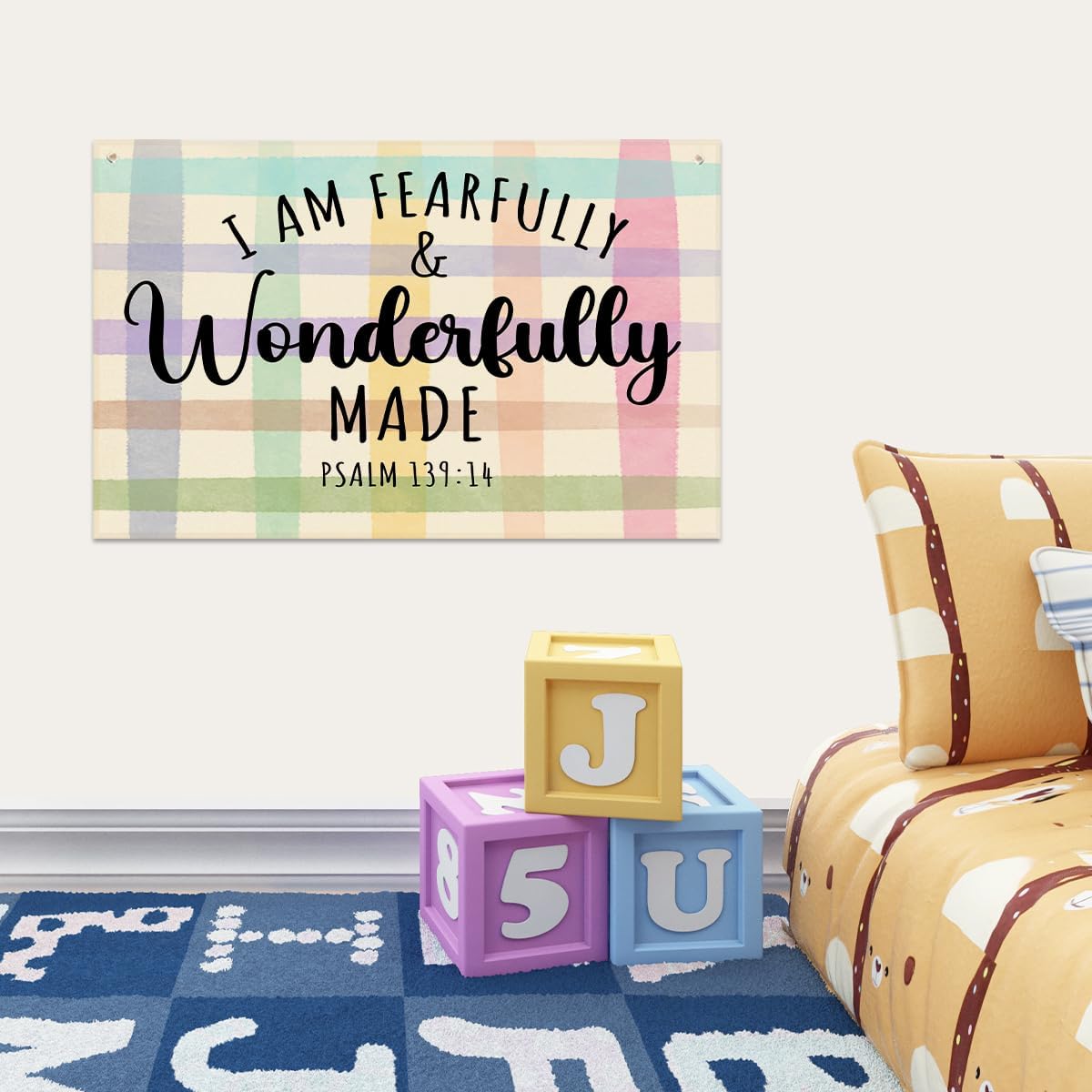 Fearfully and Wonderfully Made Bible Verses Wall Decor Kids Room Decor Canvas Banner, Canvas Decoration for Classroom, Nursery, Kids Room for Boys and Girls