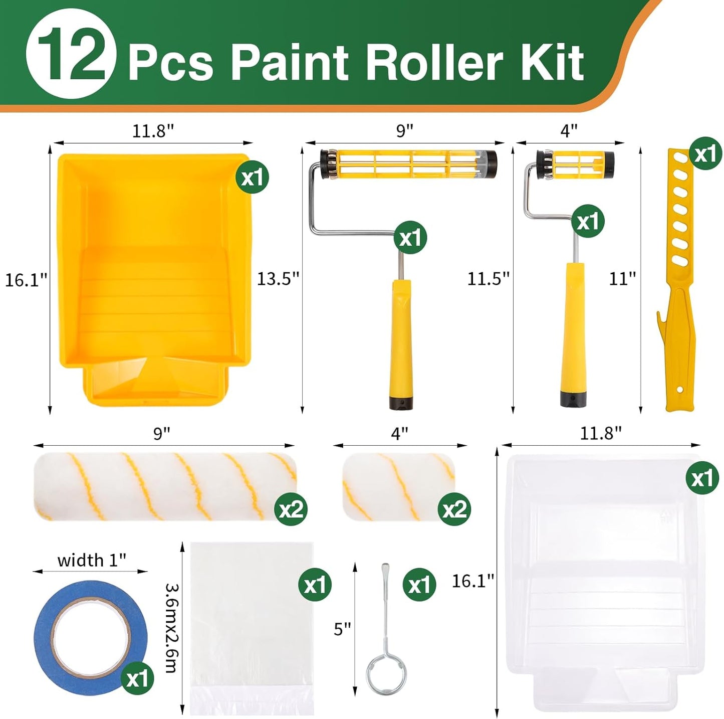 VOOMEY 12 PCS Paint Roller Kit, Deep Grooved Foot Paint Tray, Paint Tray Liner, Wall Paint Roller with Frame, Professional Paint Kit for House Painting