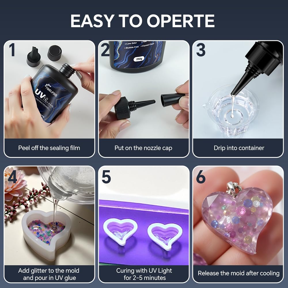 500g UV Resin,Crystal Clear,Hard UV Curing epoxy Resin, Upgraded Formula,odorless,Solar Activated Glue kit,Clear,UV Fast Curing,for DIY Making,Craft Decoration (250 g*2)