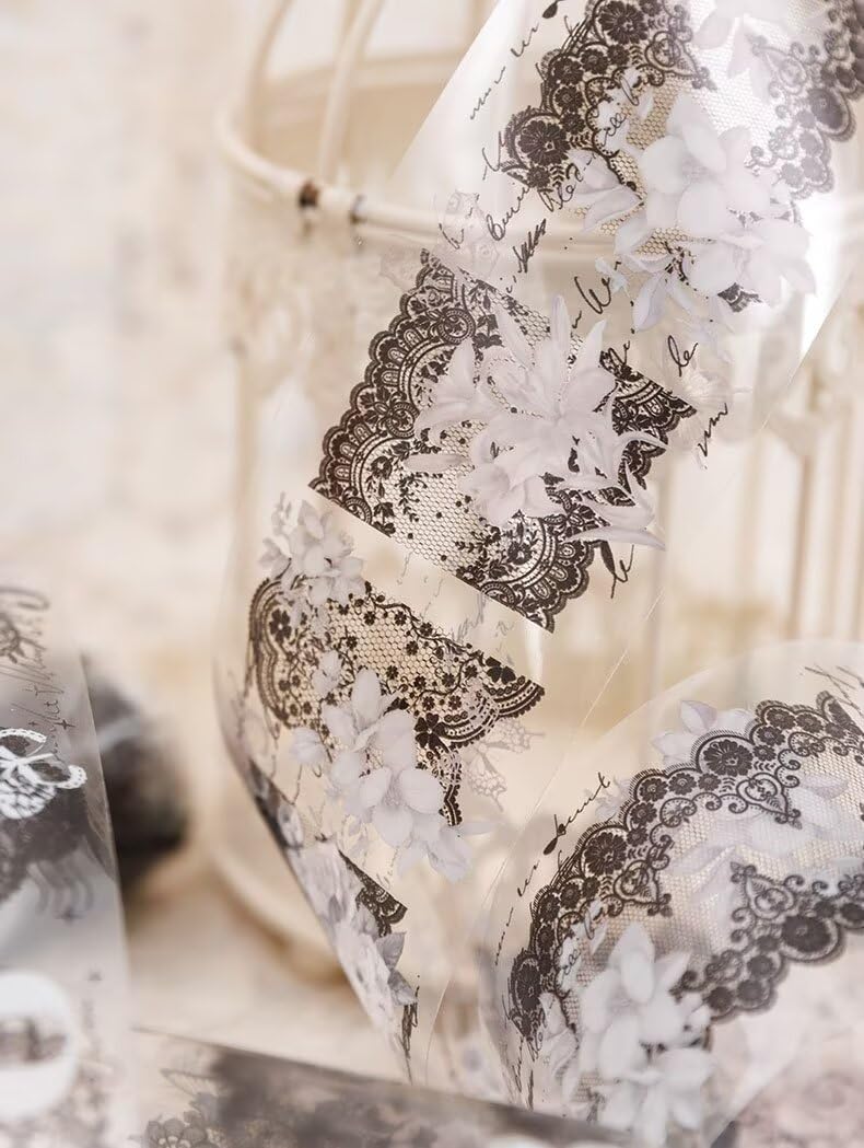 3pcs Vintage Lace Tape Cutout Art Lace Black White Stickers Roll Sticker PET Reusable Exquisite Lace Floral Flowers Pattern Tape for DIY Scrapbook Album Journal Photo Frames Decor