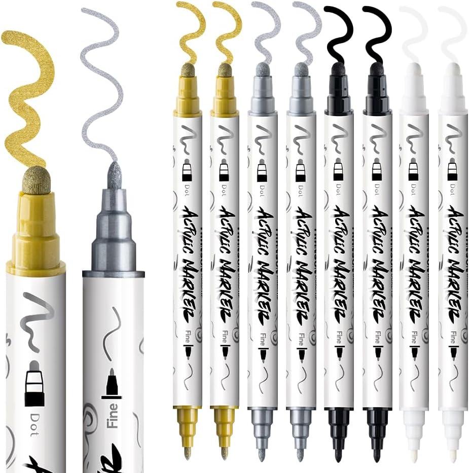TRANSON 2 Gold, 2 Silver, 2 Black and 2 White Paint Markers Bold and Fine Dual-tip Acrylic Paint Marker Set for Rock Painting Glass Canvas Wood Leather Ceramic Painting