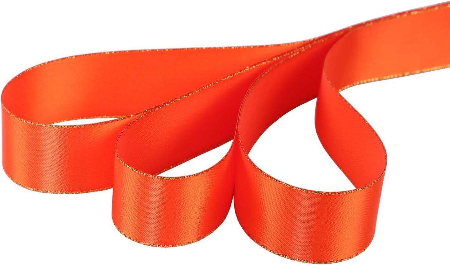 ITIsparkle 1" Inch Double Faced Satin Ribbon 25 Yards with Gold Edges, 1" X 25Yd - Autumn Orange