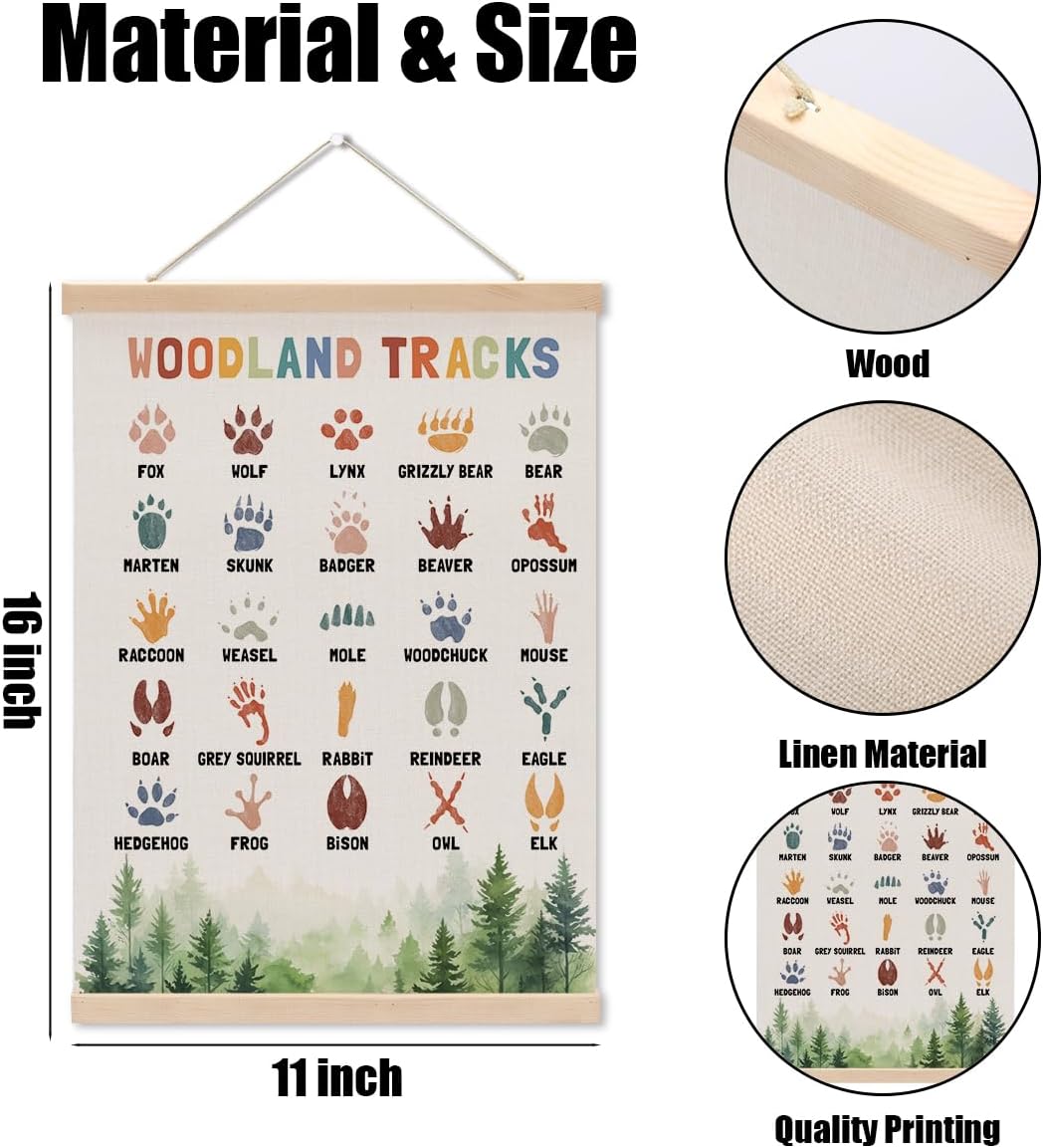 Boho Animal Woodland Tracks Poster Hanger, Forest Jungle Animals Nursery Decor Wall Decor, Paw Print Educational Posters Country Wall Art Wall Hanging Banner Farmhouse Home Playroom Baby Room Decor