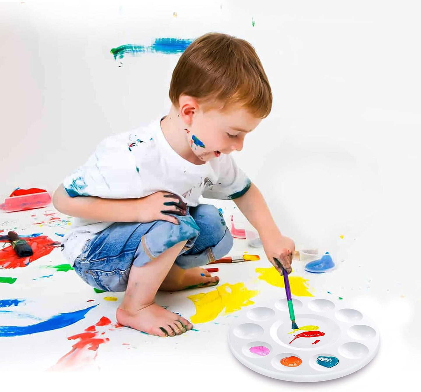 Hulameda 10pcs Paint Tray Palettes,Plastic Round Pallet for Kids or Pupils to Painting, DIY Craft at Home, Kindergarten or School