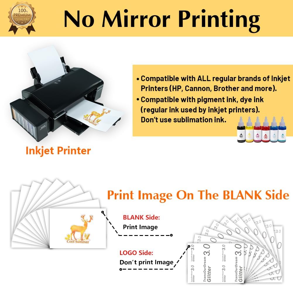 TransOurDream Glitter 3.0 Heat Transfer Paper for Inkjet Printer (20 Sheets, 8.5x11'') Printable Heat Transfer Vinyl for T Shirts Iron on Transfers for Light & Dark Fabric (TOD-GL3-20)