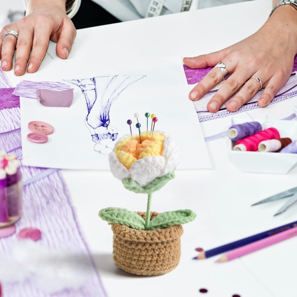 Rose Pin Cushion, Handmade Knitted Pincushions, Cute Pin Cushions Needle Holders for Sewing Quilting Accessory, DIY Crafts or Patchwork Decor.Potted White Yellow Rose