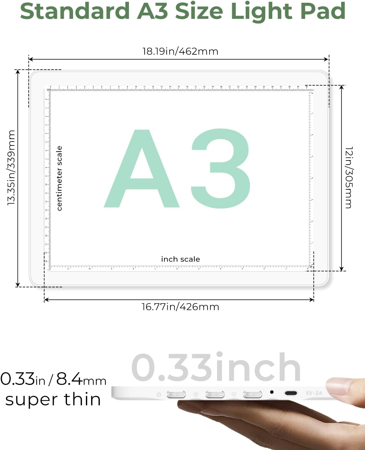 A3 Light Pad for Diamond Painting,Bawaslom Cordless Light Box for Tracing and Drawing with 3 Colors & 6-Level Brightness,Rechargeable LED Drawing Pad for Tracing,Diamond Art,Vinyl Weeding,Sketching