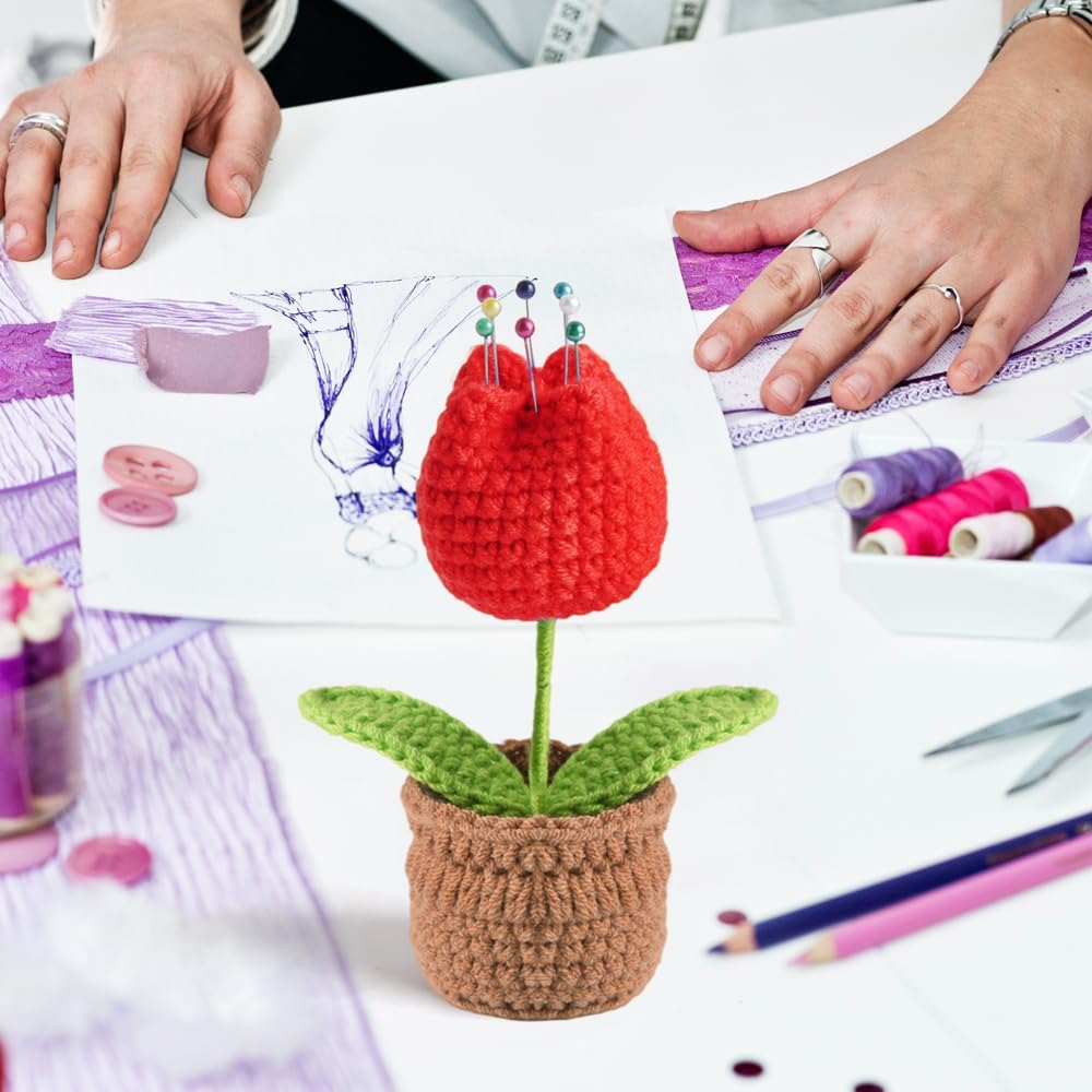 Tulip Pin Cushion, Handmade Knitted Pincushions, Cute Pin Cushions Needle Holders for Sewing Quilting Accessory, DIY Crafts or Patchwork Decor.Flowerpot Design Red Tulip