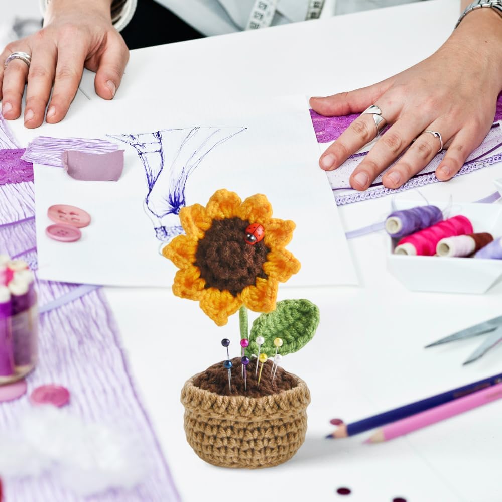 Sunflower Pin Cushion, Handmade Knitted Pincushions, Cute Pin Cushions Needle Holders for Sewing Quilting Accessory, DIY Crafts or Patchwork Decor.Flowerpot Design Sunflower