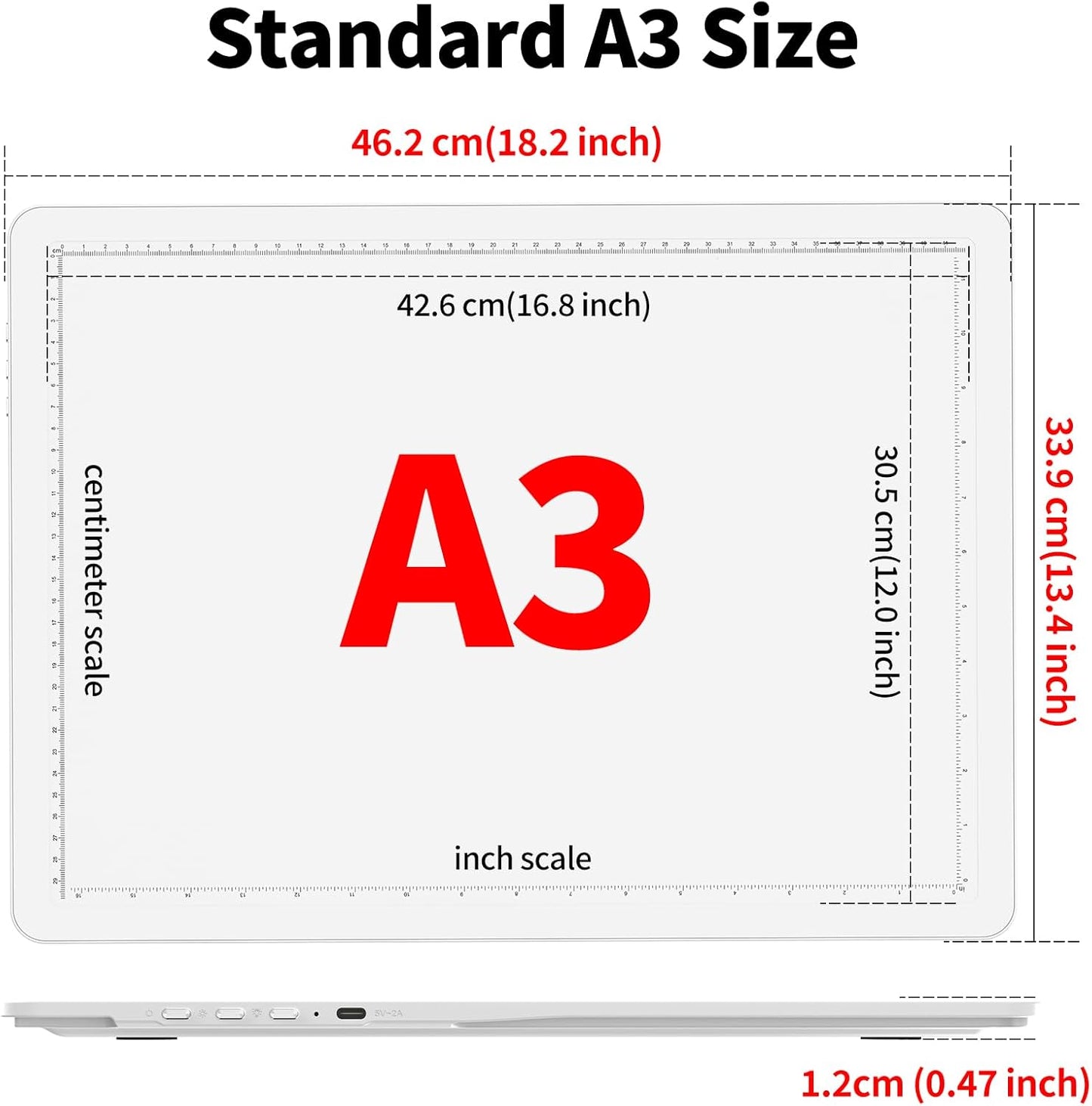 TOHETO Rechargeable A3 Light Board with Stand, Bag, Super Bright Magnetic Light Pad with Side Buttons, Wireless Light Box for Tracing and Drawing, Cordless Light Table for Diamond Painting, Sketching