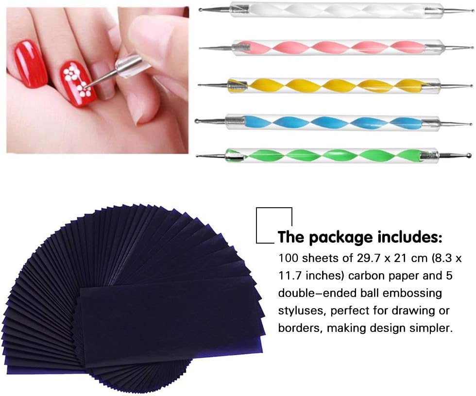 100 Sheets Carbon Transfer Paper,Blue Carbon Copy Paper Tracing Paper with 5pcs Double-end Embossing Stylus for Wood,Paper,Canvas and Other Art Surfaces (8.3 x 11.7 inch)