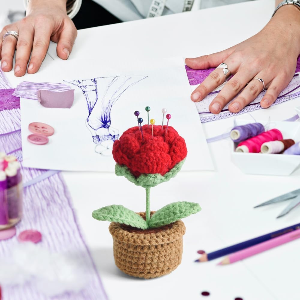 Rose Pin Cushion, Handmade Knitted Pincushions, Cute Pin Cushions Needle Holders for Sewing Quilting Accessory, DIY Crafts or Patchwork Decor.Potted Red Roses