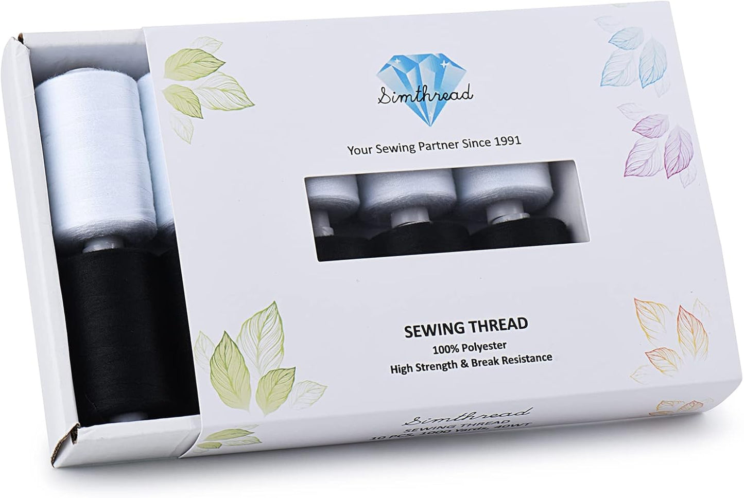 Simthread All Purpose Sewing Thread, 10 Spool (5 White+ 5 Black) 1000 Yards Each Bobbin Polyester Thread for Sewing, Handy Polyester Sewing Threads for Sewing Machine - (White and Black Series)