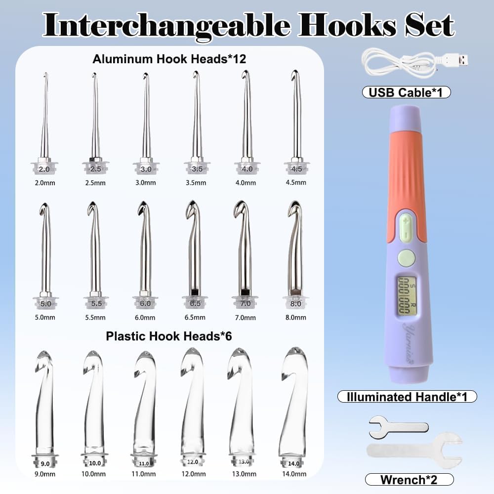 Yarniss Crochet Hooks with Counter 2.0mm-14.0mm,18 Size Digital Counting & Lighted Crochet Hooks Set with Case