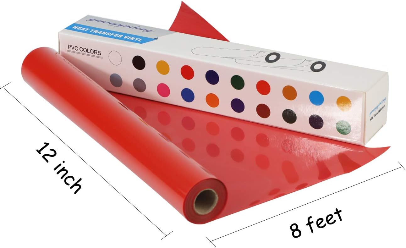 Guangyintong Red Heat Transfer Vinyl Rolls, 12" x 8ft, Easy to Cut & Weed, Glossy Surface, All Cutter Machines, Iron on Vinyl for T-Shirts