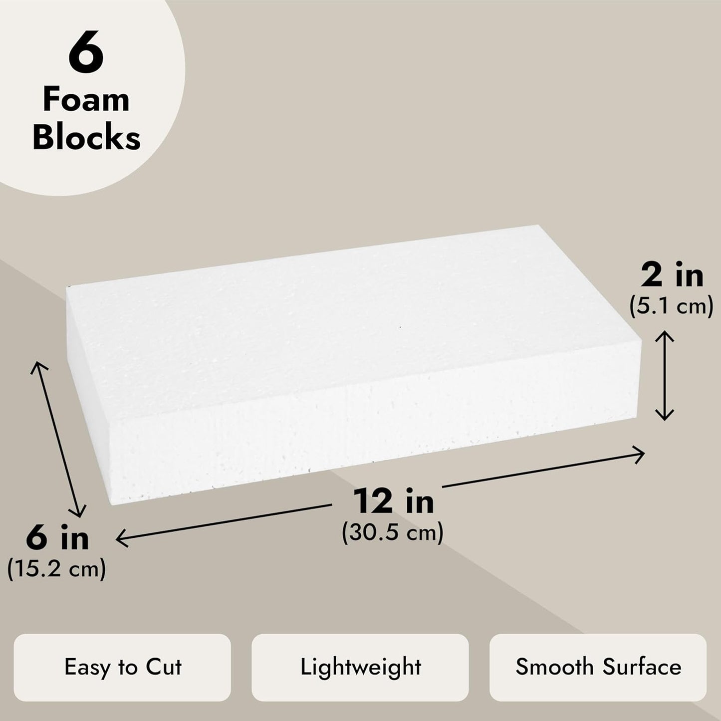 Juvale Smooth Foam Craft Blocks for DIY Craft & Floral Arrangement - Foam Carving Blocks - 12 x 6 x 2 In, White, 6 Pack