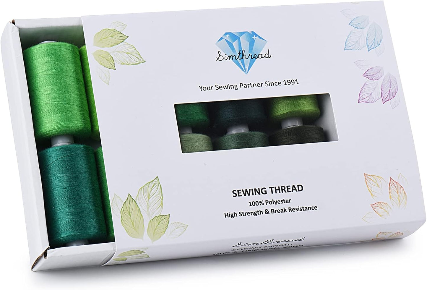 Simthread All Purposes Sewing Thread, 10 Spool Assorted Green Series 1000 Yards Each Bobbin Polyester Thread for Sewing, Handy Polyester Sewing Threads for Sewing Machine - (Natural Green Series)