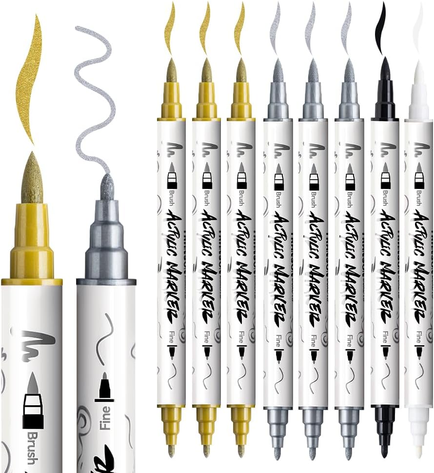TRANSON 3 Gold, 3 Silver, 1 Black and 1 White Paint Markers Brush and Fine Dual-tip Acrylic Paint Marker Set for Rock Painting Glass Canvas Wood Leather Ceramic Painting