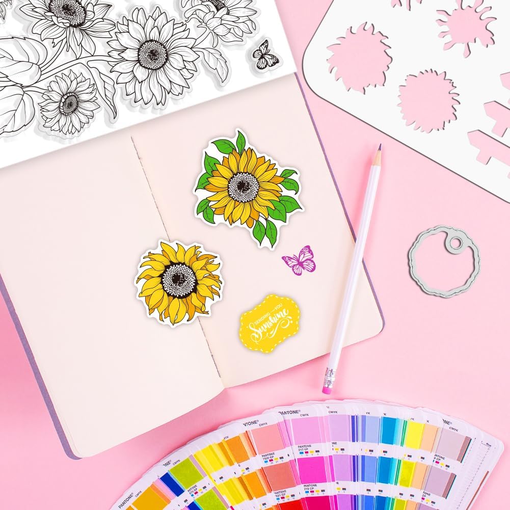 ORIGACH Realistic Sunflower Stamps and Dies and Layering Coloring Stencil Set, Silicone Stamps Metal Die Cut and Flower Stencil Template for Card Making Scrapbooking DIY Crafting