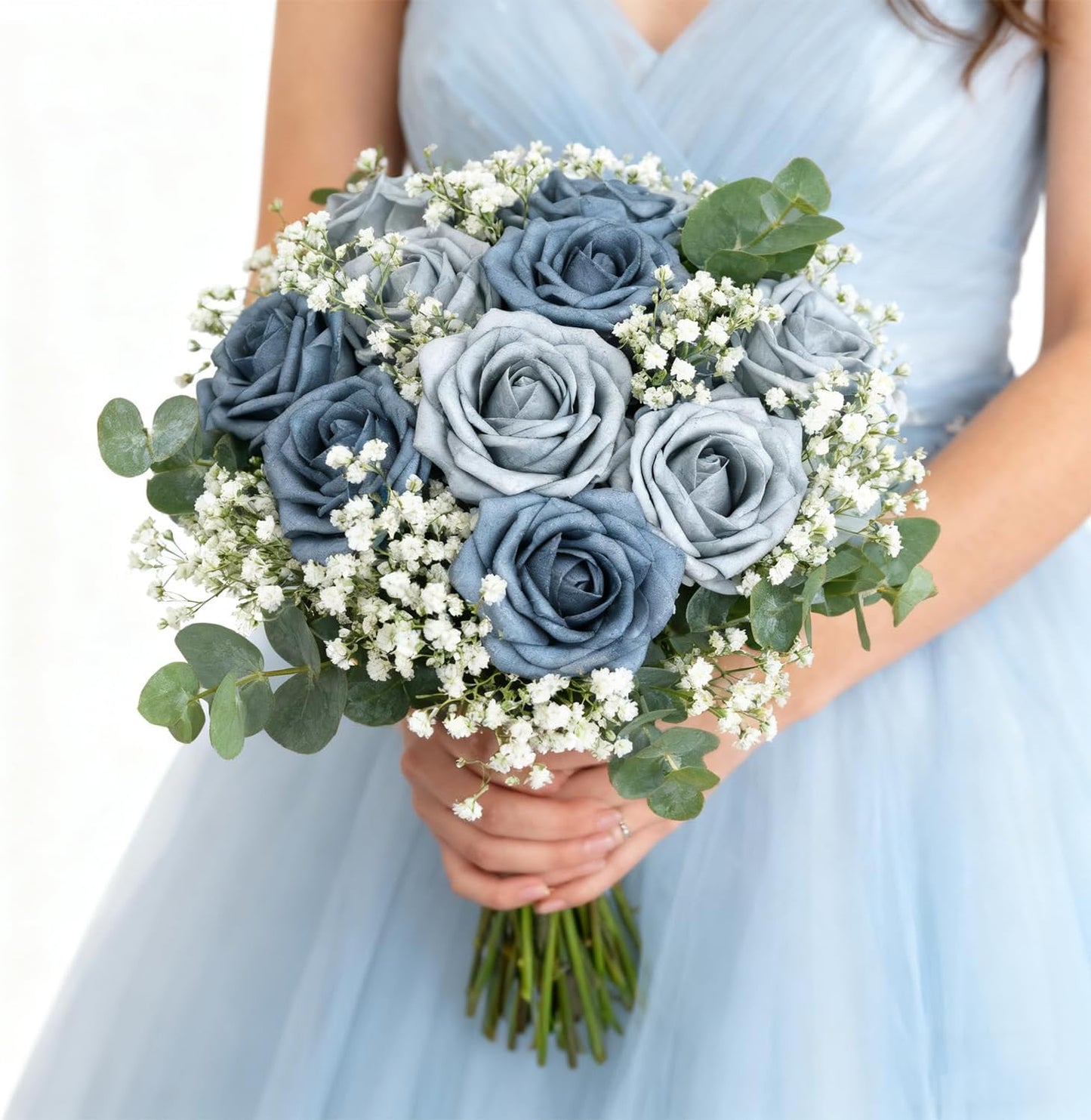 Artificial Flowers Foam Fake Roses 25pcs Series Blue Colors Roses with Stems for Home Decor DIY Wedding Bouquets Party Bridal Shower Centerpieces Faux Flower Arrangements Tables Decorations