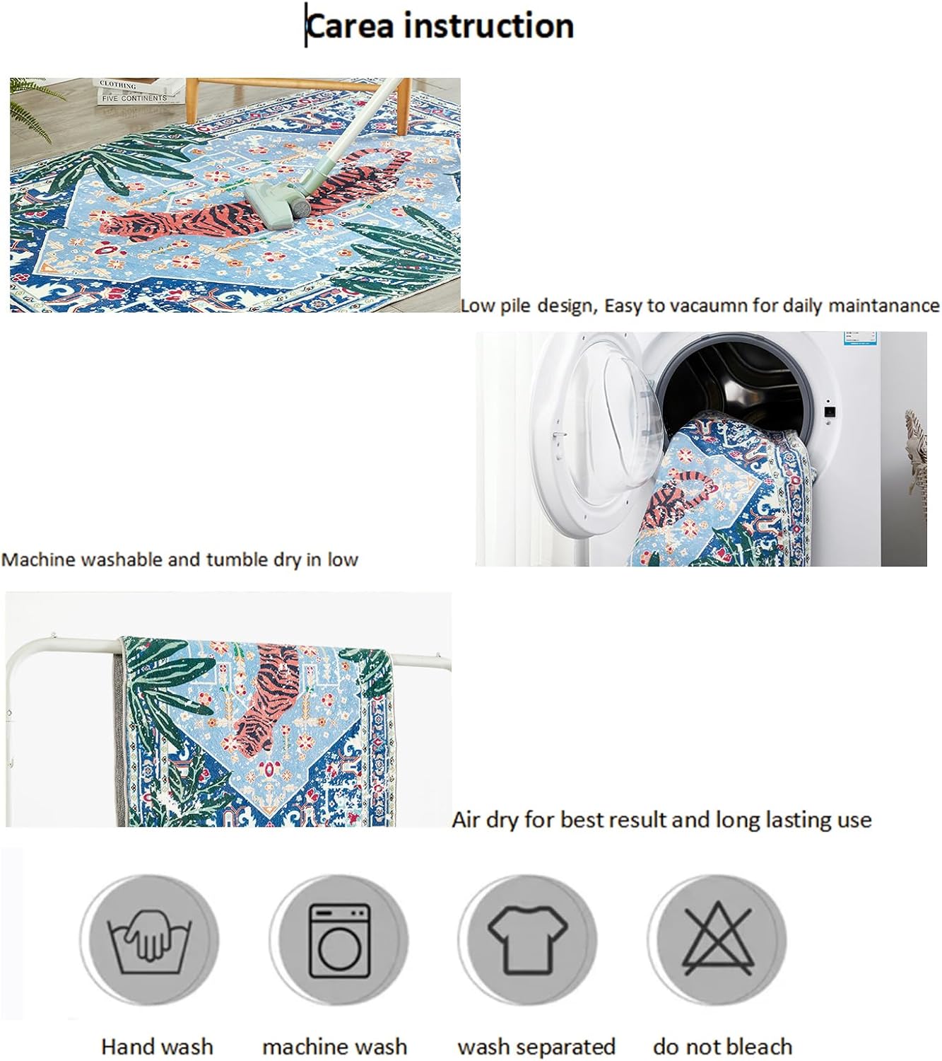 Washable Blue Rugs Thin Oriental Boho Vintage Tropical Jungle 6x9 Area Rugs for Bedroom Kitchen Dining Living Room Office Distressed Indoor Plant Entry Carpet