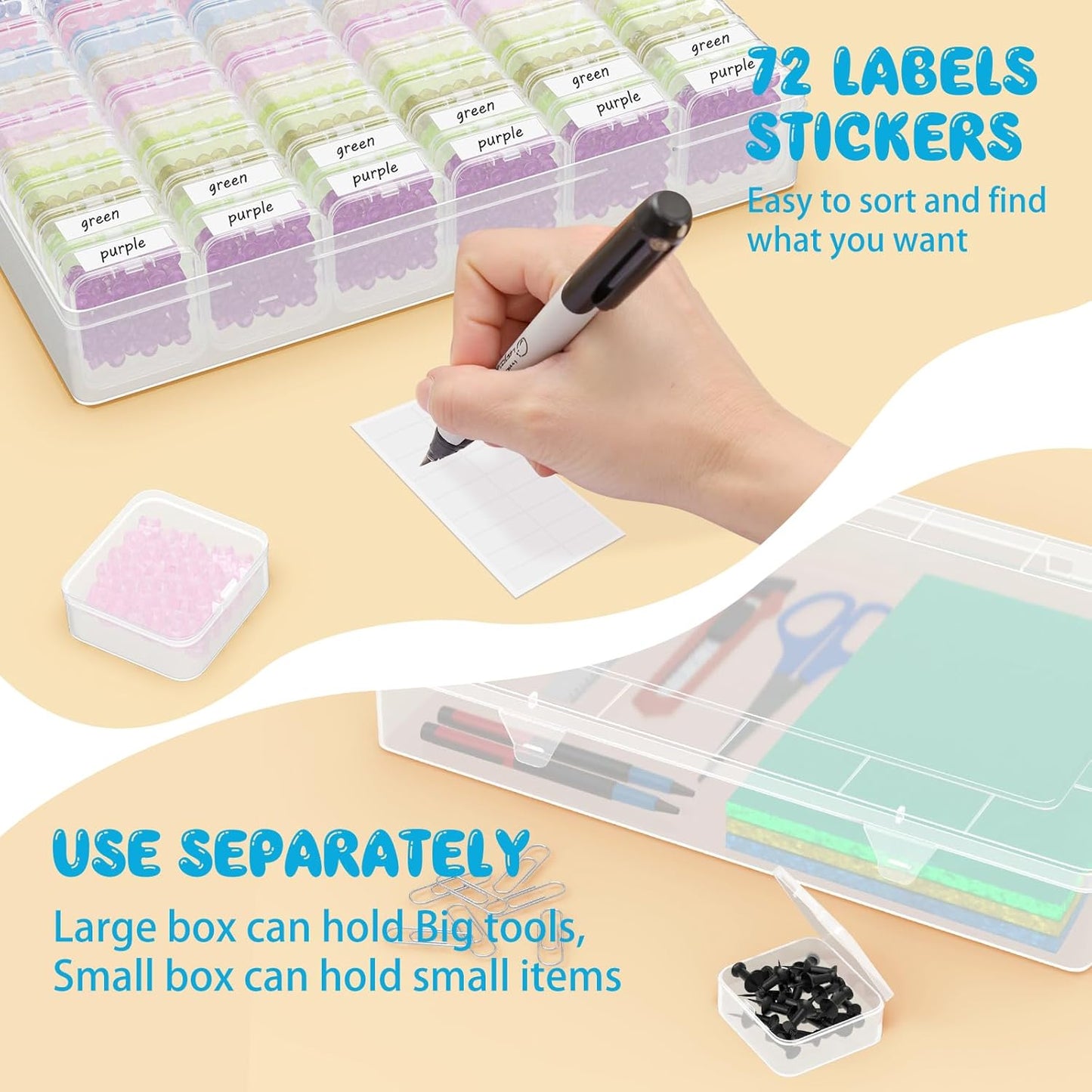 Mathtoxyz Extra Large Bead Organizer, 61 PCS Small Plastic Craft Storage Box with Hinged Lid and Labels Clear Bead Organizers and Storage Boxes for Jewelry, Diamonds, Bracelet Making DIY