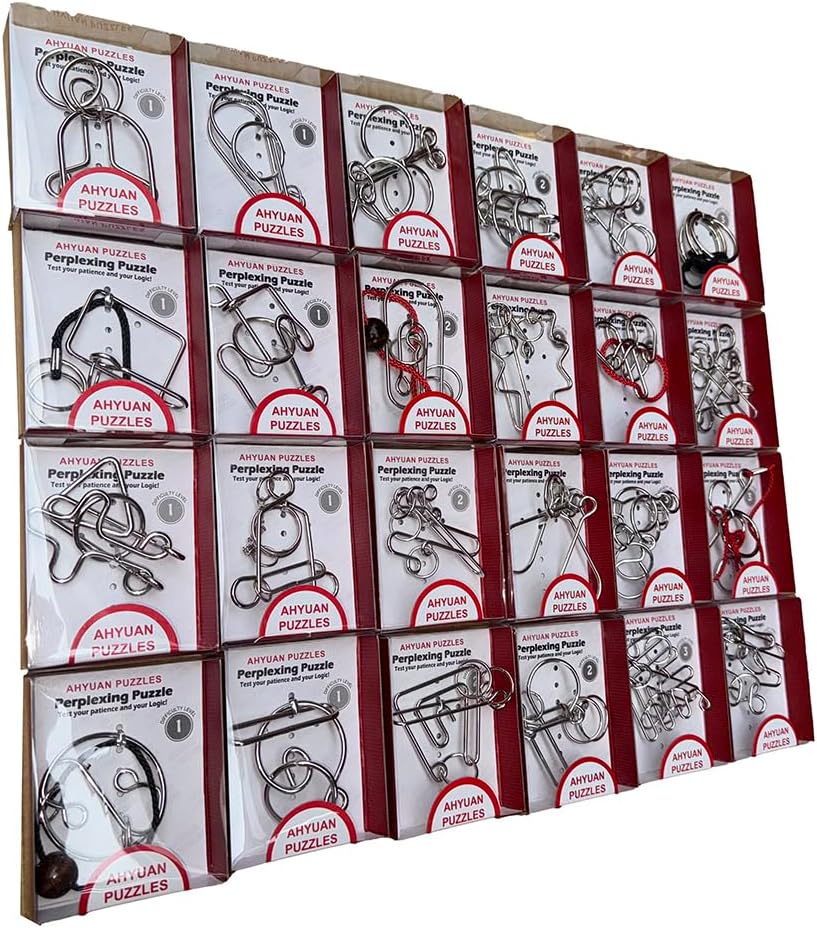 AHYUAN 24 Packs Large Metal Puzzles Brain Teaser IQ Wire Puzzles with Individual Backside Solution Paper Box Gift Package Educational Puzzle Games Toys Magic Trick Toy Party Favors for Kids Adults