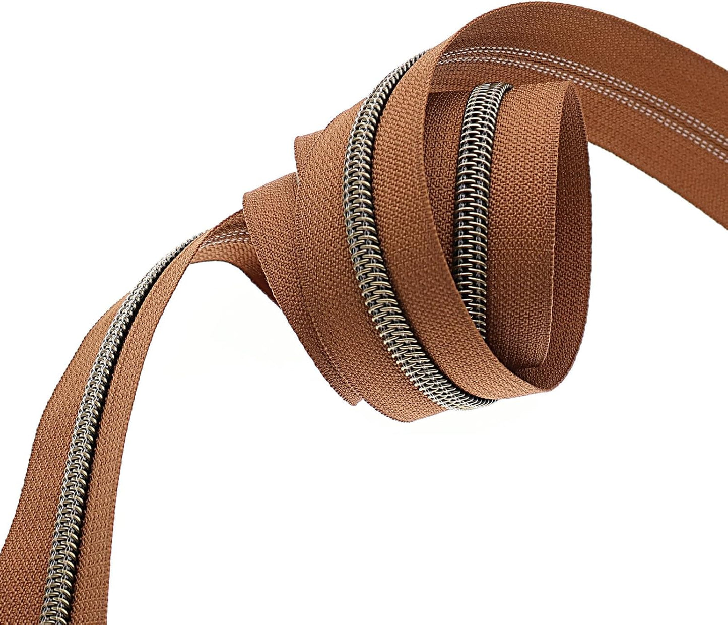 Leekayer #5 Antique Brass Metallic Nylon Coil Zippers by The Yard Bulk 10 Yards with Ring Pulls(Brown Tape with 25pcs Brass Sliders for DIY Sewing Tailor Craft Bag(Brown)