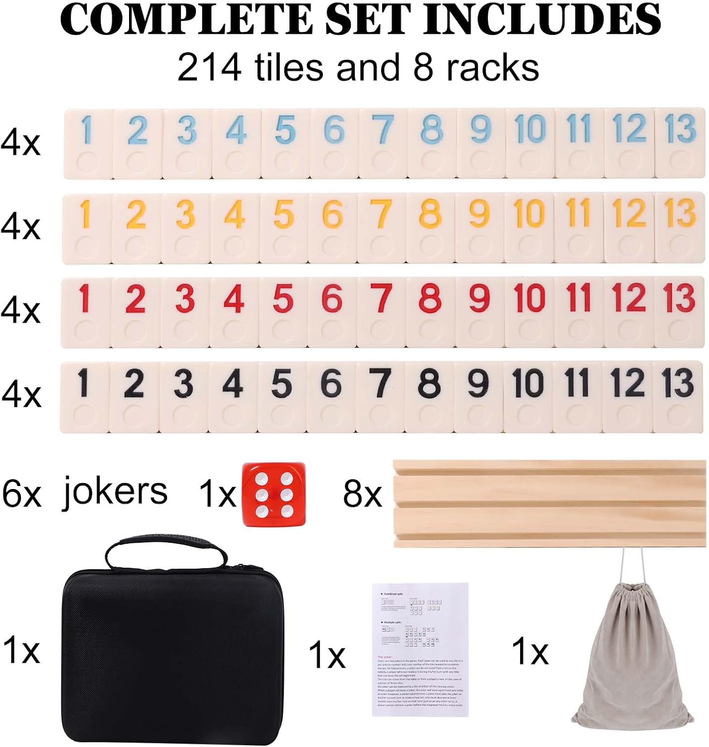 Upgraded 6-8 Players Rummy Cube Board Game Set with 8 Wooden Racks, 214 Tiles, Portable Case, Drawstring Bag and Dice, for Adults Friends Night Gifts Travel Party Sharpens Brain
