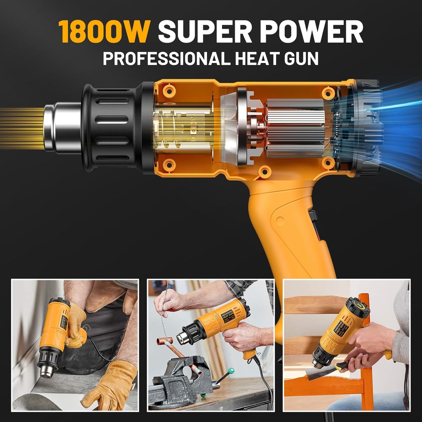 SEEKONE Heat Gun 1800W Heavy Duty Hot Air Gun Kit With Carry Case Variable Temperature Control 122℉-1112℉(50℃- 600℃) Overload Protection with 4 Nozzles for Crafts, Shrinking PVC, Stripping Paint