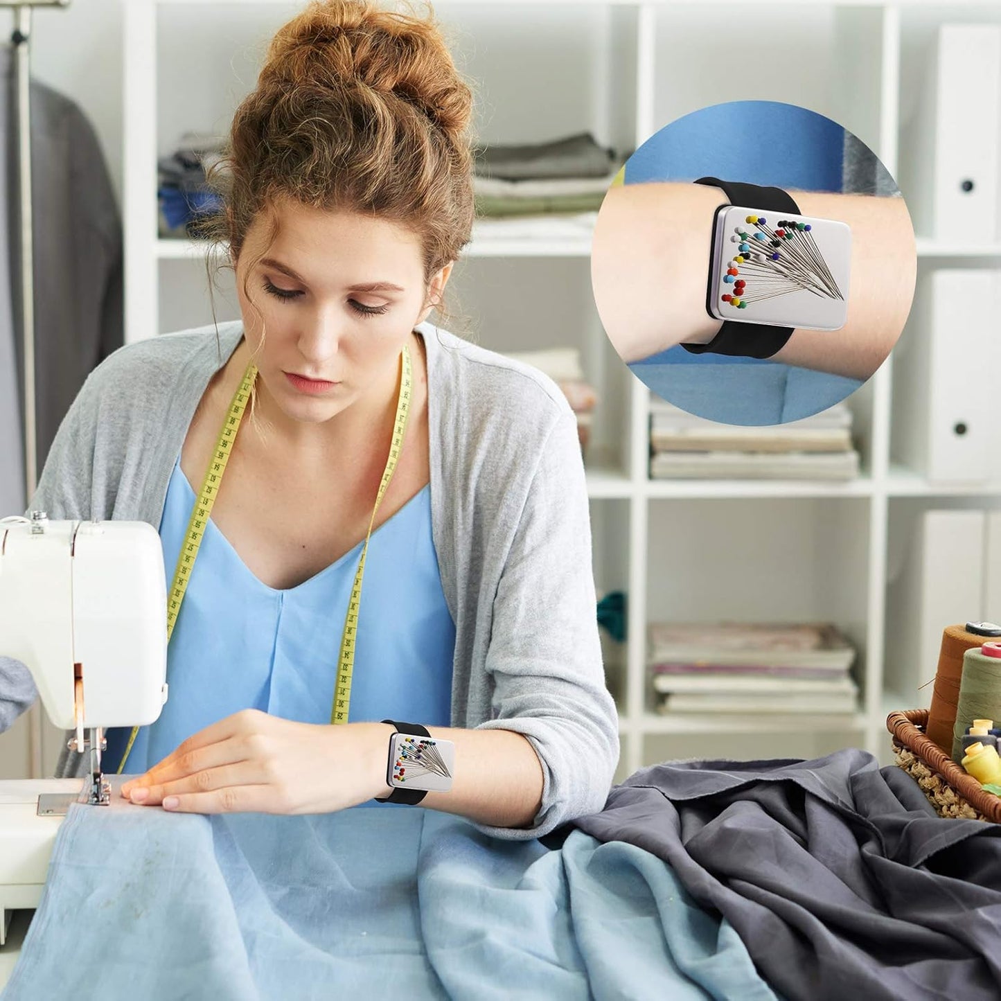 Magnetic Wrist Sewing Pincushion with 100 Pieces 1.5 Inch Ball Head Sewing Pins Set Wrist Magnetic Pin Holder Gift Supplies(Black)