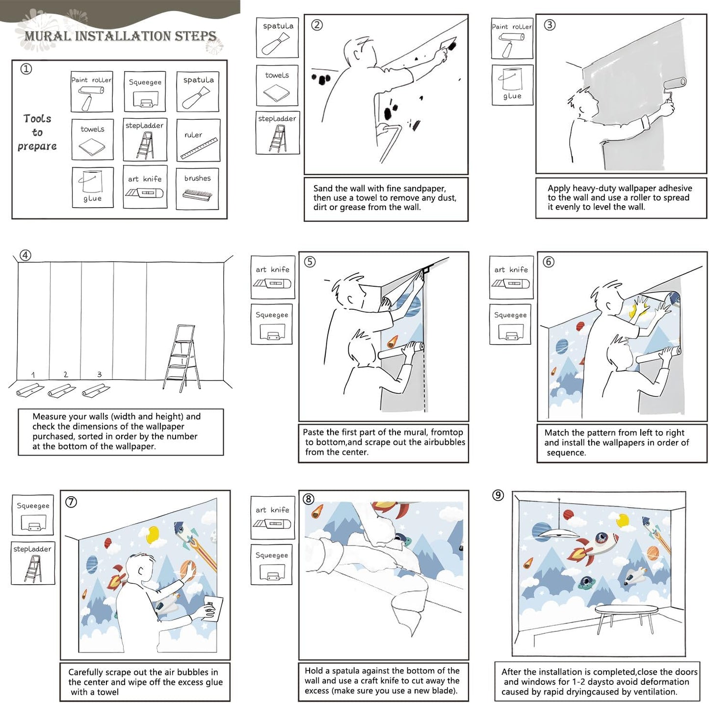 AFZEVEB-Space Mural Hand-Painted Cartoon Wallpaper for Kids Room 136"x96"(Not Peel and Stick)