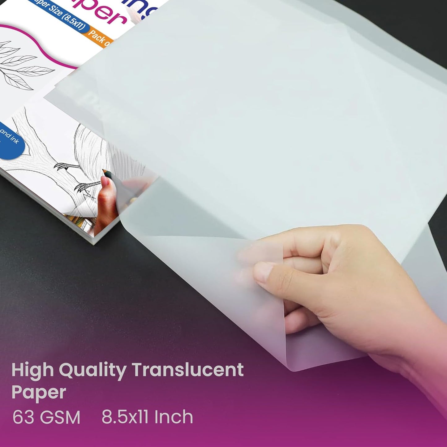 Tracing Paper 8.5 x 11 Inch - 100 Sheets 41lb/63gsm Transparent Vellum Paper for Sketching, Preliminary Drawing, Drafting & Overlays - Premium Translucent Tracing Paper for Pencil, Marker and Ink