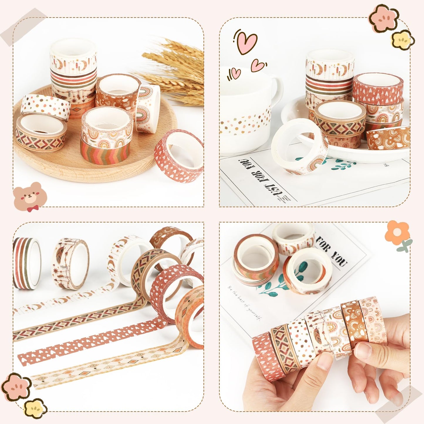 12 Rolls Washi Tape Set, Retro Boho Vintage Colored Rainbow Sun Stars Masking Tapes, Doodle Hand-Drawn Decorative Adhesive Tapes for Planners, Scrapbook, Journal, DIY Art Crafts, Gift Wrapping 16.4Ft