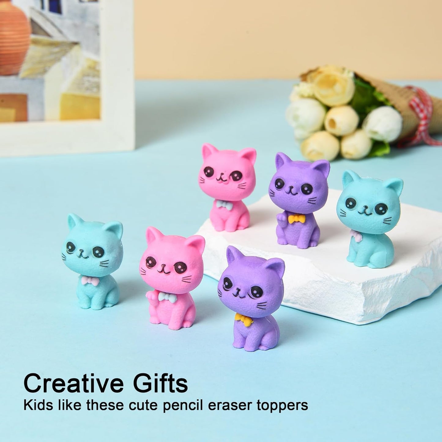HILAZA 18Pcs Pencil Top Erasers for Kids, 3D Cute Cat Pencil Toppers, Bulk Fun Pencil Cap Easters for School Classroom Supplies Prize Gifts Party Favors